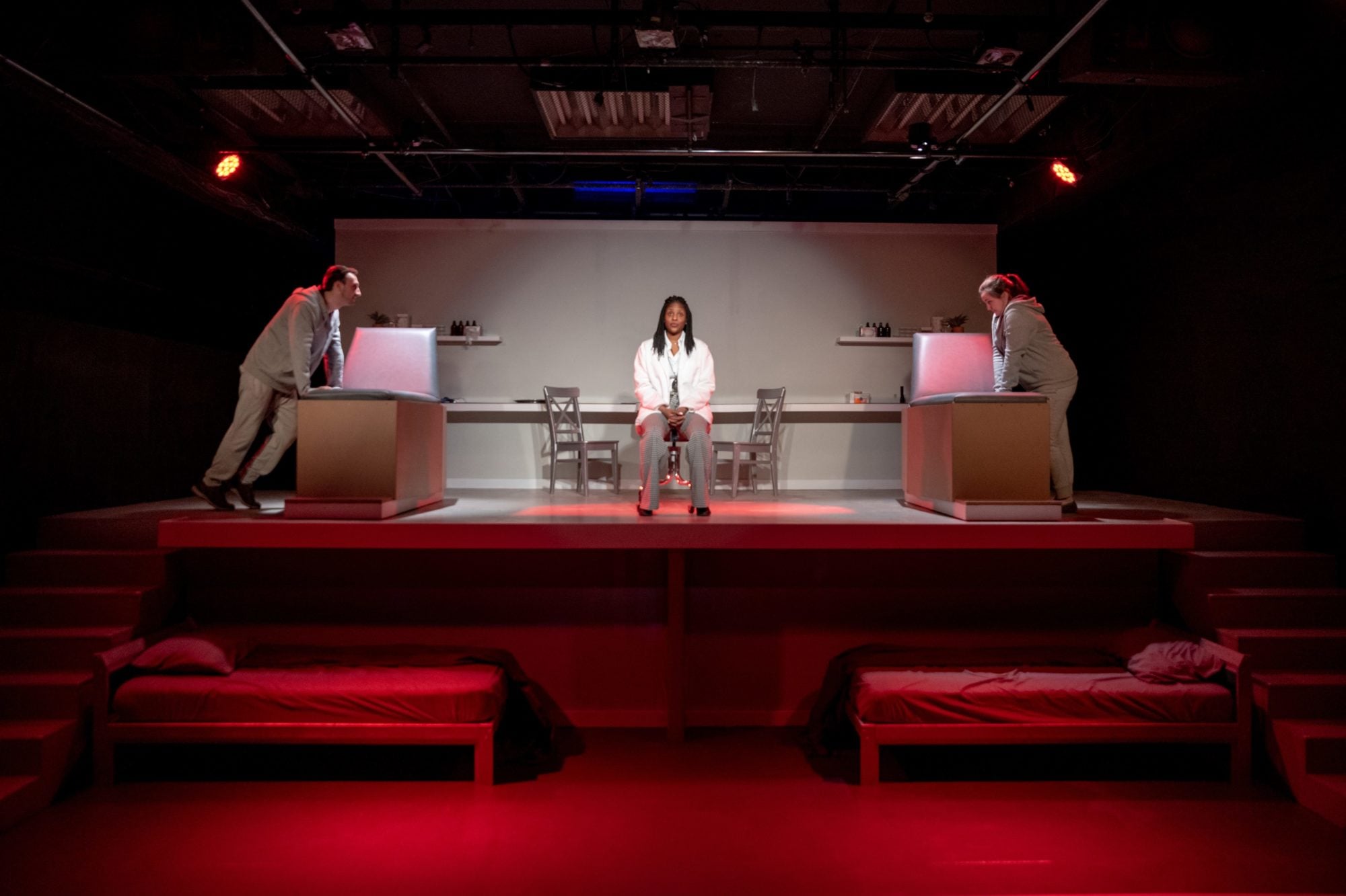 Nate Krimmel (Tristan), Mia Robinson (Dr. Lorna James), and Meghan Stanton (Connie) in 'The Effect' at Fells Point Corner Theatre. Photo by Trent Haines-Hopper/THsquared Photography.