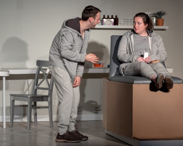 Nate Krimmel as Tristan and Meghan Stanton as Connie in 'The Effect' at Fells Point Corner Theatre. Photo by Trent Haines-Hopper/THsquared Photography.