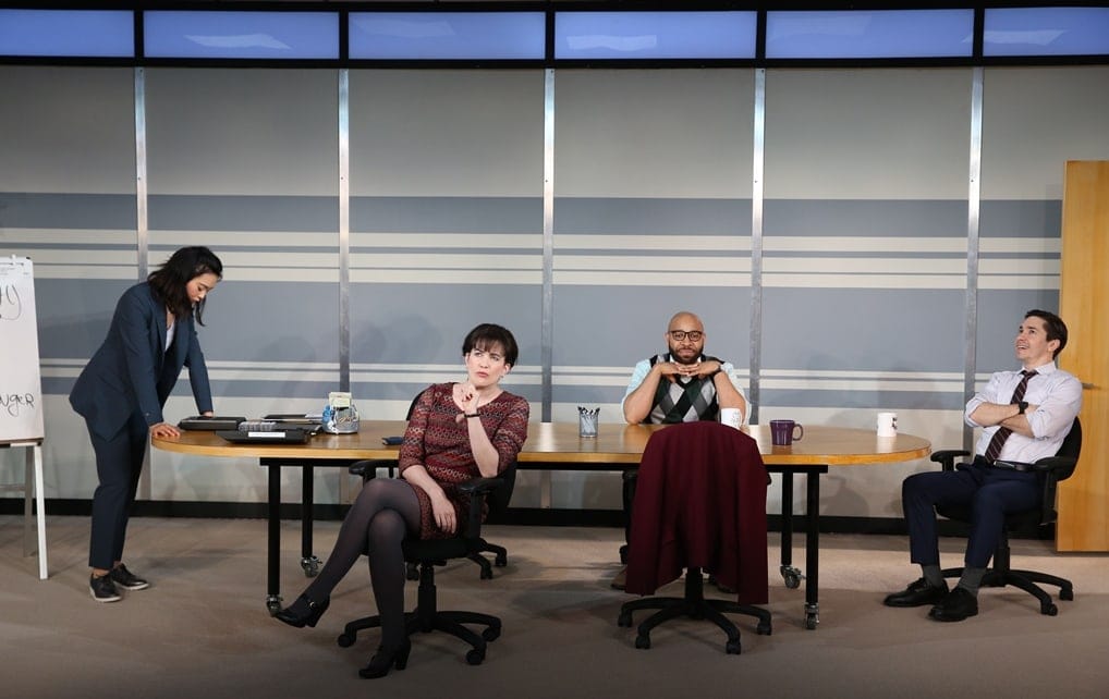 Tiffany Villarin, Megan Hill, Ugo Chukwu, and Justin Long. Photo by Carol Rosegg. 