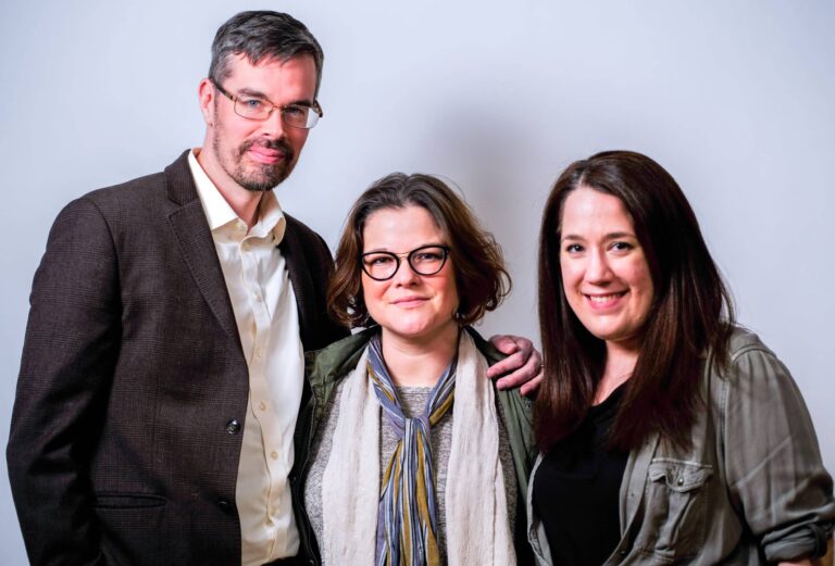 L-R: Christopher Crockett as John, Director Julie Janson, and Amanda Ranowsky as Carol in the Providence Players' production of 'Oleanna.' Photo by Rob Cuevas.