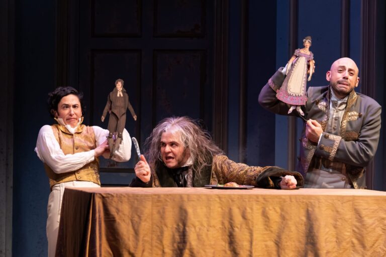 Alyssa Wilmoth Keegan, Vincent Randazzo and Anthony Michael Lopez in Shakespeare Theater Company's production of 'Vanity Fair.' Photo by Scott Suchman.