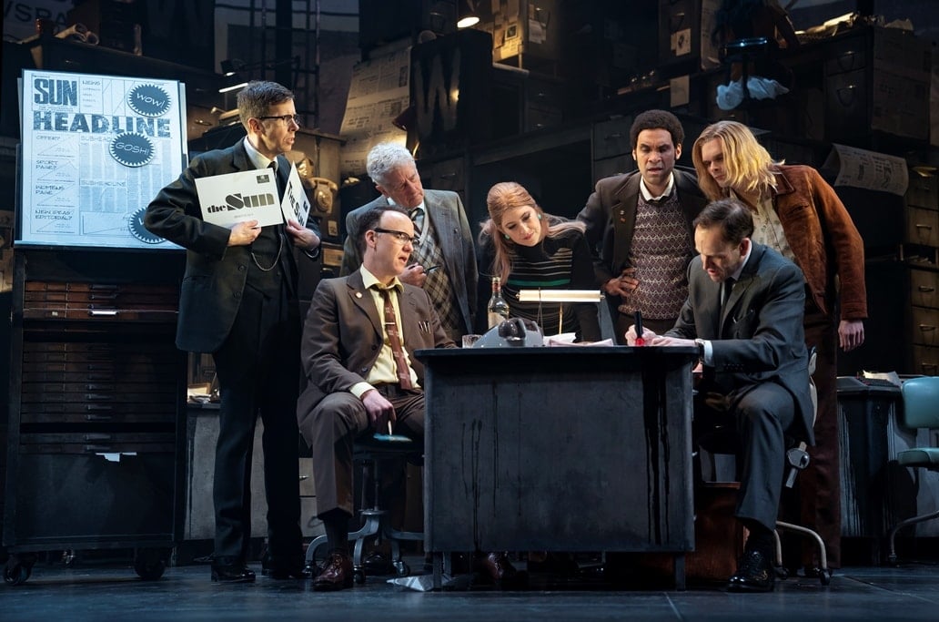 Robert Stanton, David Wilson Barnes, Bill Buell, Tara Summers, Eden Marryshow, Andrew Durand, and Jonny Lee Miller. Photo by Joan Marcus.