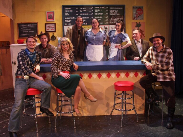 The cast of Aldersgate Church Community Theater's production of 'Bus Stop.' L-R: John Paul Odle (Bo), Joel Durgavich (Virgil), Emily Golden (Cherie), Richard Isaacs (Carl), Elizabeth Replogle (Grace), Madeline Byrd (Elma), Tom Salmon (Dr. Lyman), and Drew Cannady (Will). Photo by Howard Soroos.