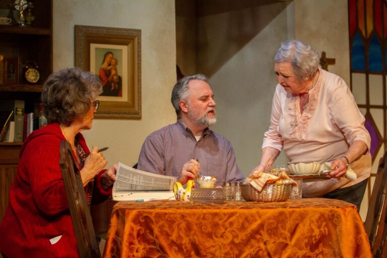 Mary Jo Morgan as Mary, Michael Fisher as Father Murphy and Patricia Spencer Smith as Margaret in 'The Savannah Disputation' at the Little Theatre of Alexandria. Photo by Kyle Reardon.