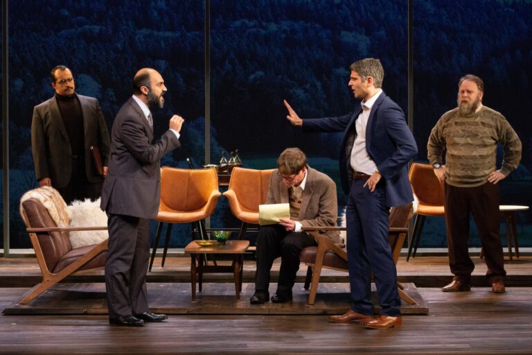 Ahmad Kamal (Hassan Asfour), Maboud Ebrahimzadeh (Ahmed Quire), Gregory Wooddell (Ron Pundak), Juri Henley-Cohn (Uri Savir), and Sasha Olinick (Yair Hirschfeld) in Round House Theatre’s current production of 'Oslo.' Photo by Lilly King.