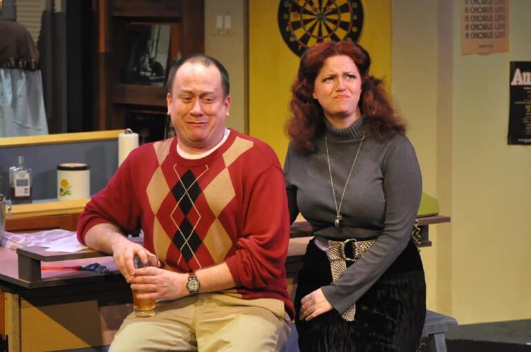 Adam Downs as Jimmy Zoole and Lori Brooks as Kate Hough in Dominion Stage's production of 'P.S. Your Cat is Dead!' Photo by Matthew Randall.