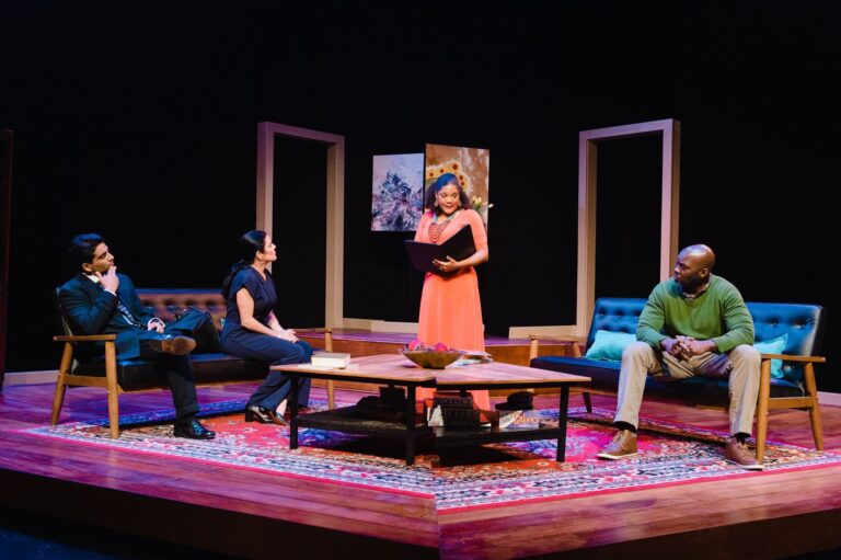 Vishwas (Alan Raleigh), Susan Marie Rhea (Annette Raleigh), Lolita Marie (Veronica Novak) and DeJeanette Horne (Michael Novak) in Keegan Theatre's production of 'God of Carnage.' Photo by Cameron Whitman.