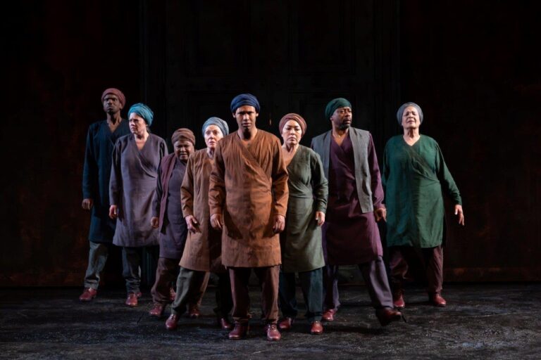 Corey Allen, Kati Brazda, Patrena Murray, Helen Carrey, Jonathan Louis Dent, Sophia Skiles, Alvin Keith, and Franchelle Stewart Dorn as members of the Chorus, 'The Oresteia.' Photograph by Scott Suchman.