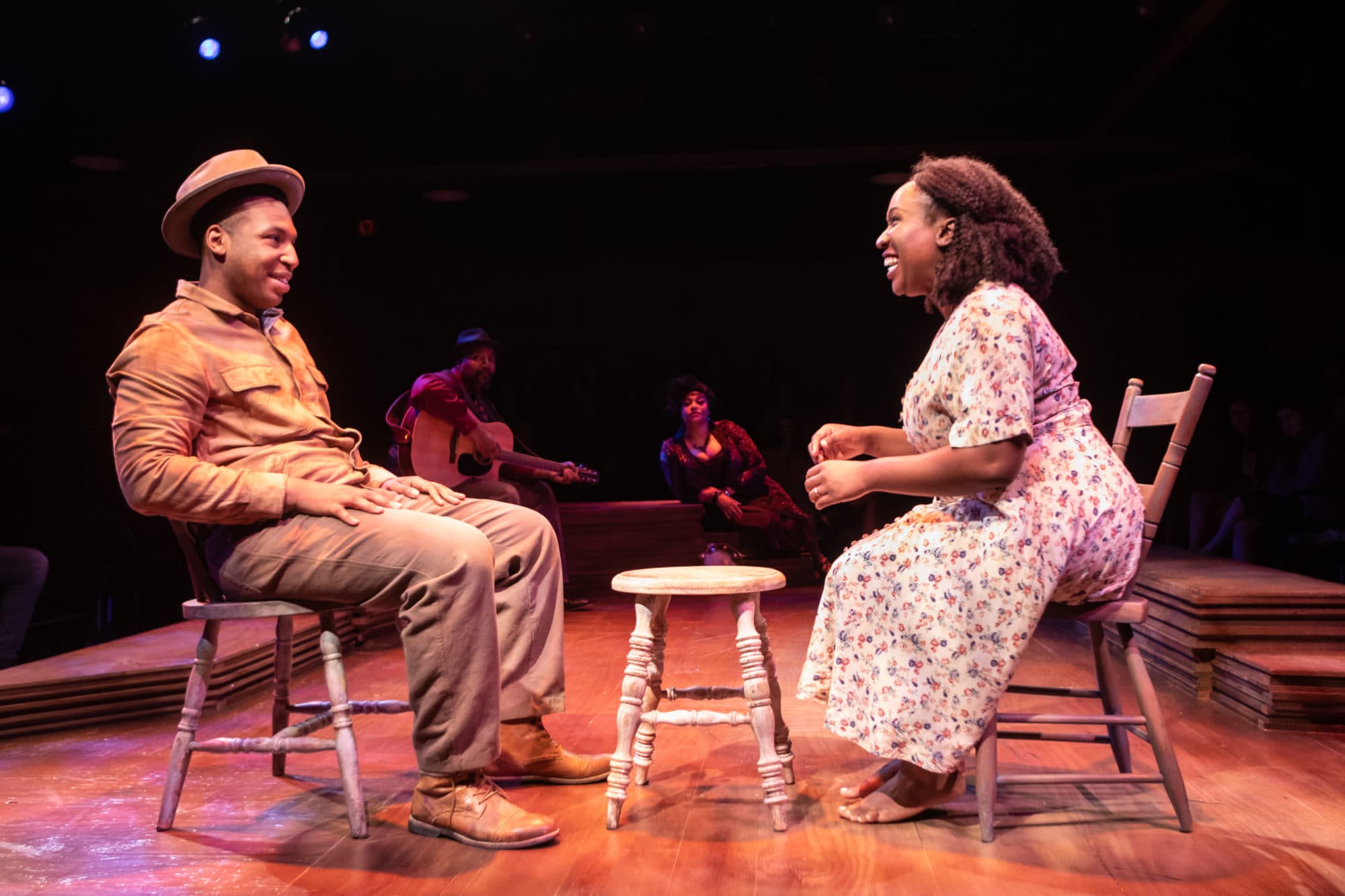 L-R: Drew Drake (Folk Man 3), Jonathan Mosley-Perry (Guitar Man), Iyona Blake (Blues Speak Woman) and Ines Nassara (Folk Woman) in 'Spunk' at Signature Theatre. Photo by Christopher Mueller. 