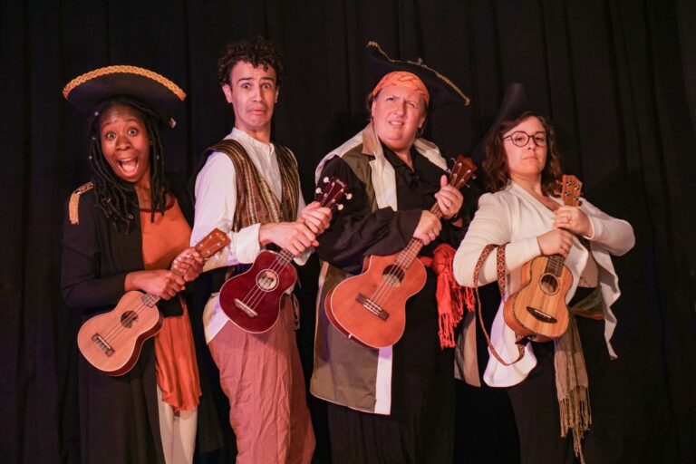 The cast of We Happy Few's production of 'Treasure Island.' L-R: Tosin Olufolabi, Alex Turner, Wyckham Avery, and Paige O'Malley. Photo by Sam Reilly.