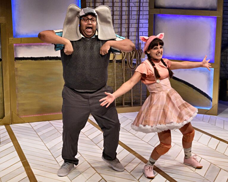 Derrick Truby and Karen Vincent in "Elephant & Piggie: 'We Are In A Play!'" at Adventure Theatre. Photo by Bruce Douglas.