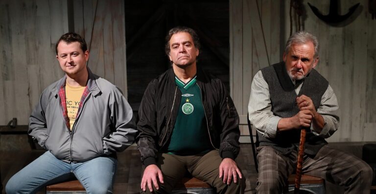 Chris Stinson as Kevin, Matthew Vaky as Dermot, and Joseph Palka as Joe in 'Port Authority' at Quotidian Theatre Company. Photo by Steve LaRocque.