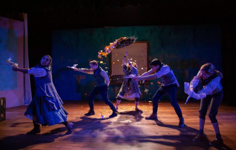 Jordana Hernandez (Finnoughla), Seth Rosenke (Fiachra), Melissa Carter (ensemble), Niusha Nawab (Aed) and Emily Sucher (Conn) in 'The Infinite Tales' by 4615 Theatre Company. Photo by Ryan Maxwell Photography.