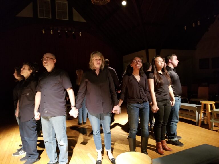 Allison Turkel, Ricardo Padilla, Kimberly Kemp, Nailah Hunter, Angie Mirae, and Matt Thomas in 'The Laramie Project: Ten Years Later' by Dark Horse Theatre Company. Photo by Dark Horse Theatre Company.