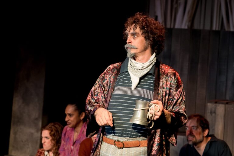 Molly E. Thomas as Gadshill, Lisa Hill-Corley as Mistress Quickly, Ian Blackwell Rogers as Falstaff, and Zach Brewster-Geisz as Bardolph in 'Henry the Fourth, Part 1' at Brave Spirits Theatre. Photo by Claire Kimball.