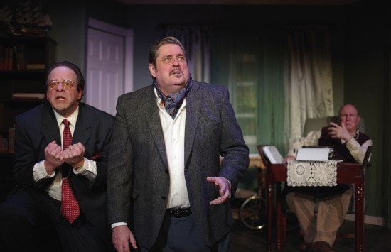 Thom Eric Sinn (David O. Selznick), Fred Nelson (Victor Fleming), and Gene Valendo (Ben Hecht) in 'Moonlight and Magnolias' at Laurel Mill Playhouse. Photo by John Cholod.